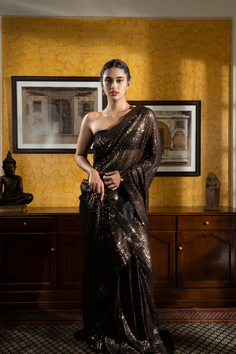 Sheer Black Gold Sequin Saree - Master